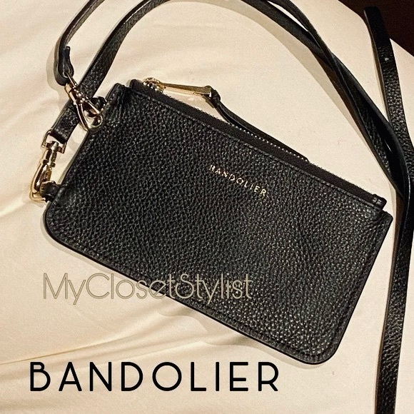 BANDOLIER Black Leather Zip Pouch Crossbody Purse! Gold Zipper ADJUSTABLE STRAP - Picture 2 of 8